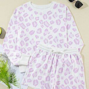 Women Leopard Print Pullover & Shorts Loungewear Set | S-XL
